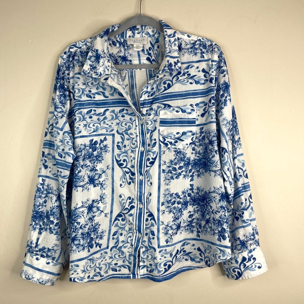 Calypso St. Barth Button Up Top NWOT Womens Large Coastal Beachy Floral Crisp
